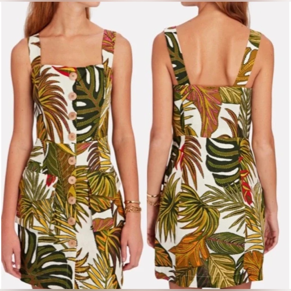 Farm Rio Linen Spotted Leaves Utility Mini Dress, Size Small